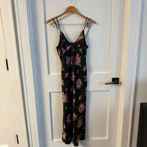 Strappy Black satin maxi slip dress with pink Floral print